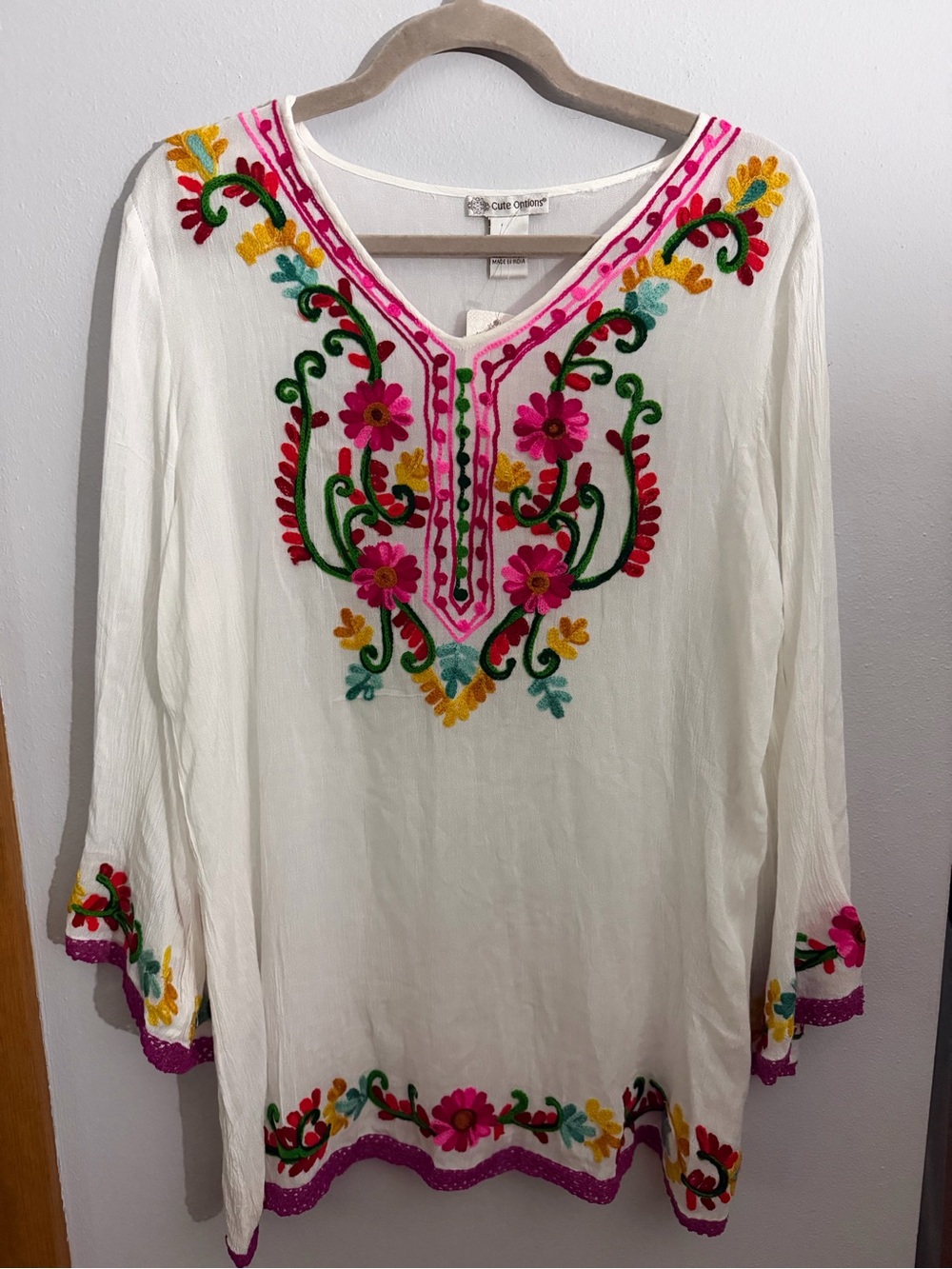 Embroidered White V-Neck Tunic with Pink & Green Floral Accents